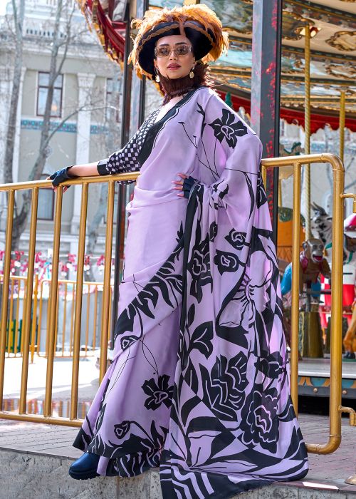 Lavender Digital Printed Saree In Satin