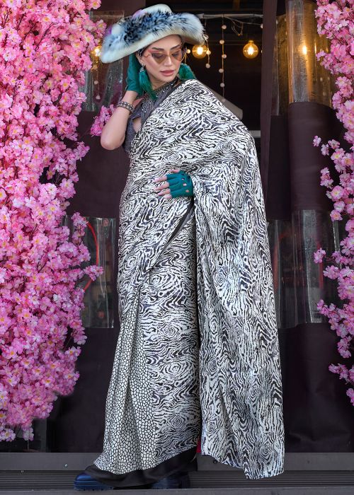 White Satin Saree In Digital Print