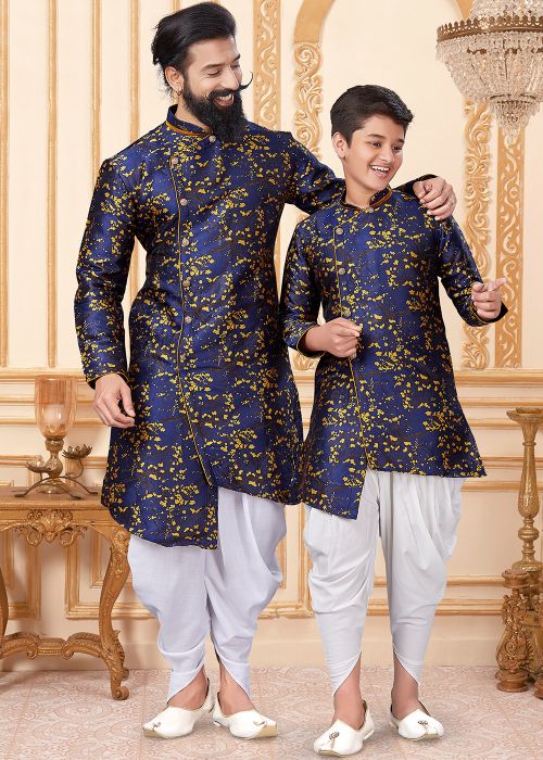 Navy Blue Readymade Father & Son Dhoti Kurta Set