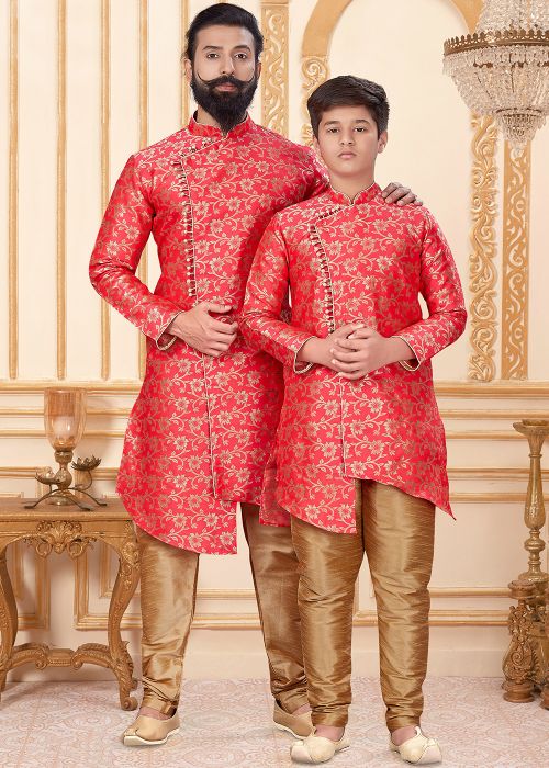 Readymade Red Father & Son Kurta Churidar Set