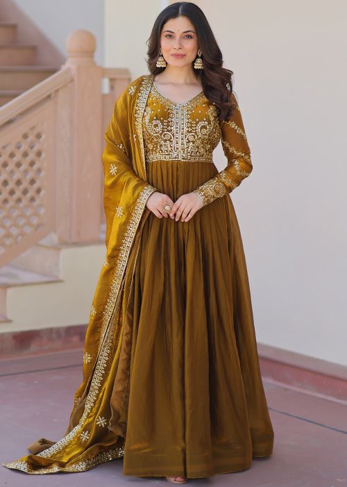 Yellow Embroidered Anarkali Suit Set