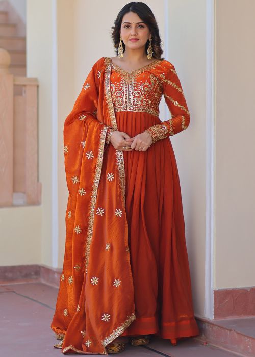 orange colour anarkali dress Women's Orange Anarkali Set Orange / L