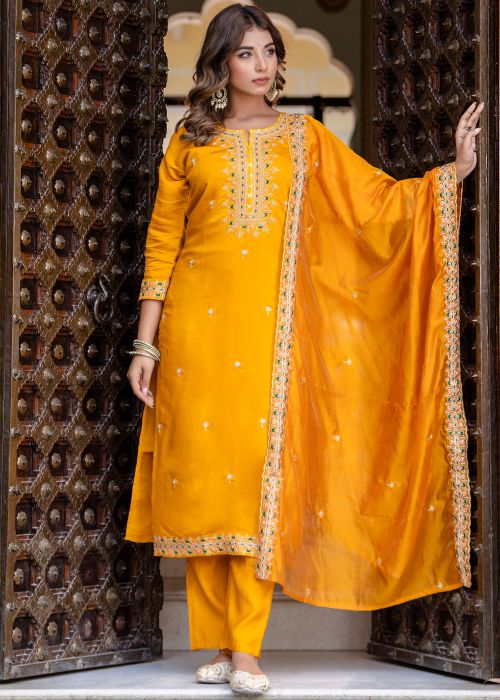Yellow Embroidered Pant Suit In Art Silk