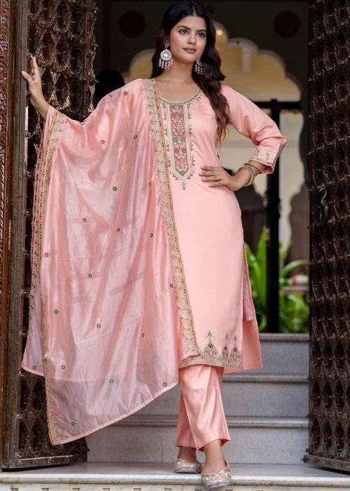 Peach Round Neck Embroidered Pant Suit