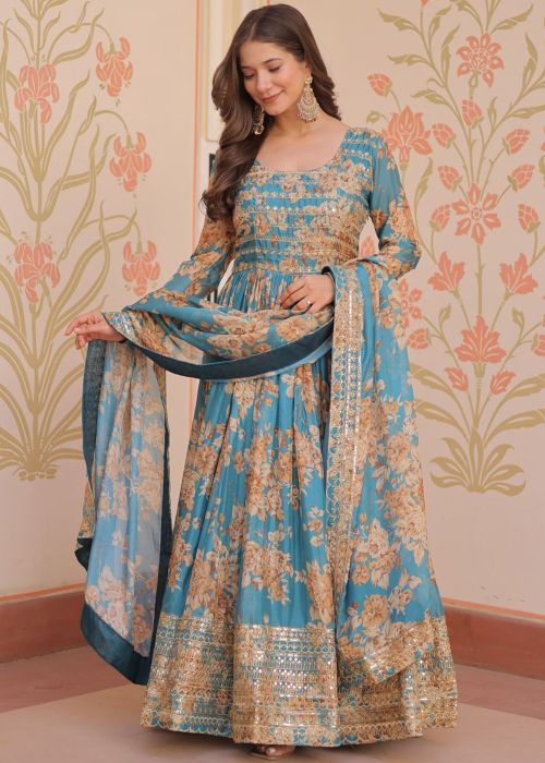 Blue Embroidered Anarkali Salwar Suit Set