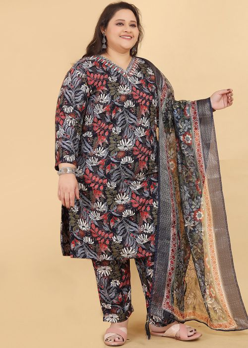 Black Floral Print Suit Set In Rayon