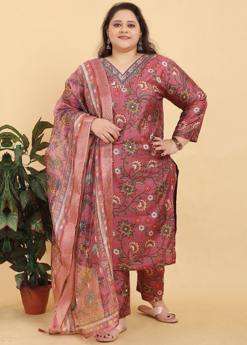 Pink Floral Print Salwar Suit Set In Viscose