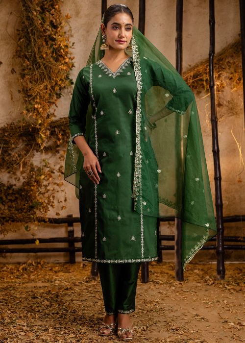 Green Readymade Embroidered Pant Suit