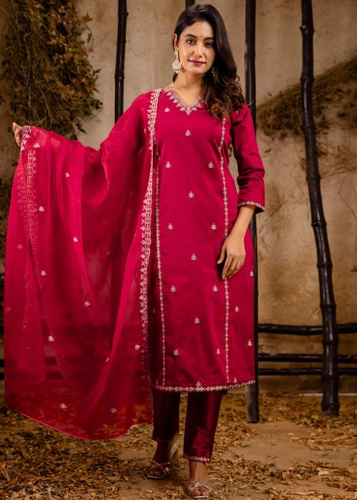 Maroon Readymade Embroidered Pant Suit
