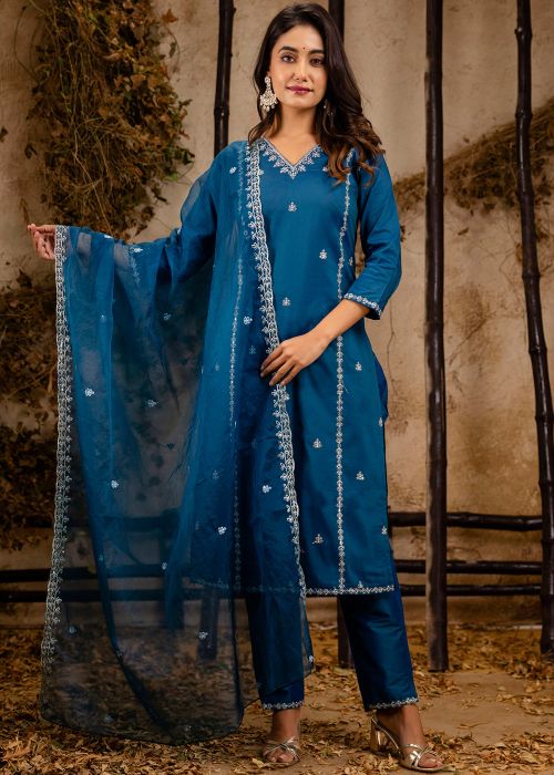 Teal Blue Readymade Embroidered Pant Suit