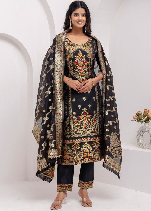 Black Zari Woven Readymade Pant Suit
