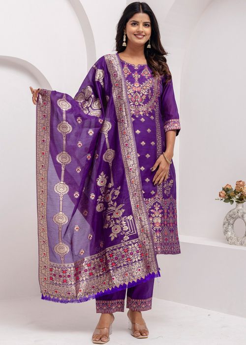 Zari Woven Purple Readymade Pant Suit