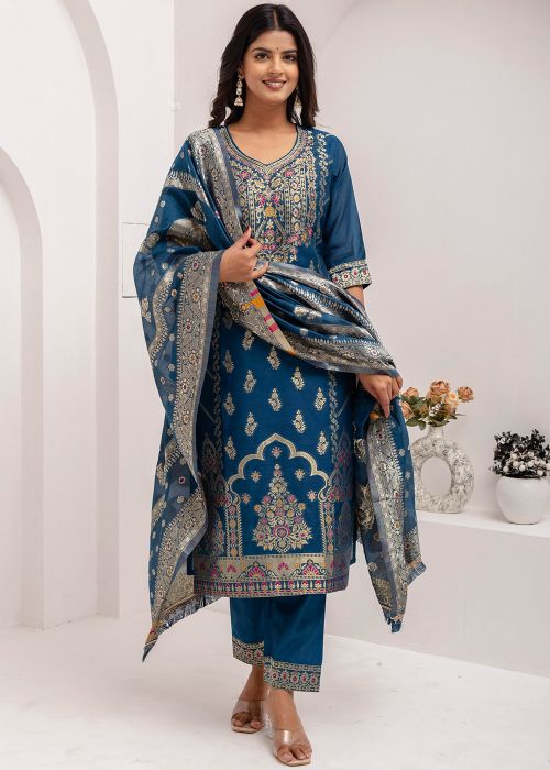 Teal Blue Zari Woven Readymade Pant Suit