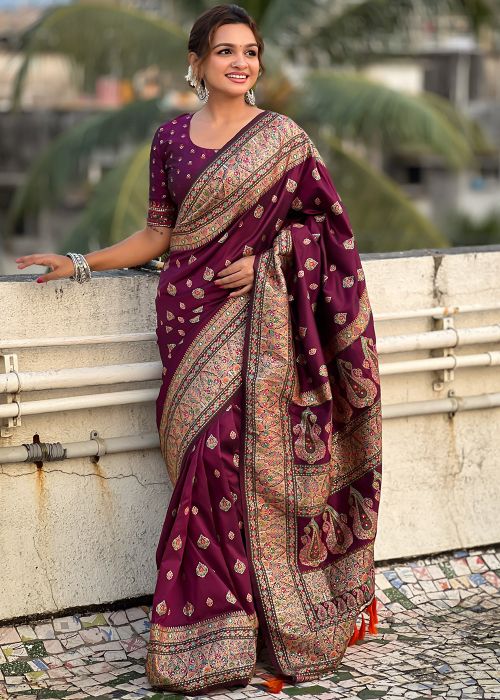 Magenta Woven Saree In Art Pashmina Silk 