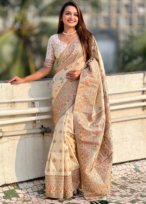 Light Yellow Art Pashmina Silk Woven Saree