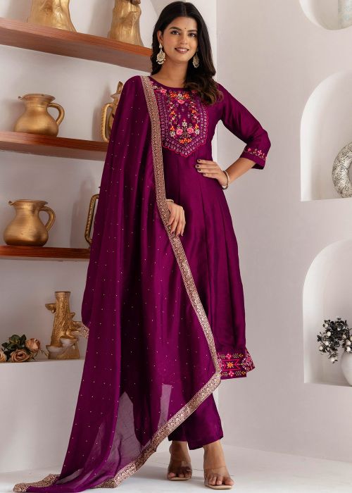 Purple Embroidered Salwar Suit Set In Art Silk