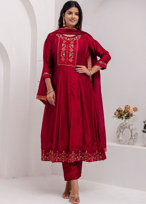 Red Embroidered Anarkali Suit Set