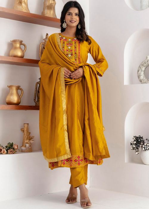 Yellow Embroidered Anarkali Suit Set