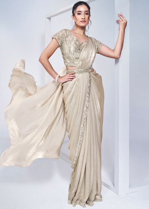 Off White Handwork Pre-Stitched Satin Saree