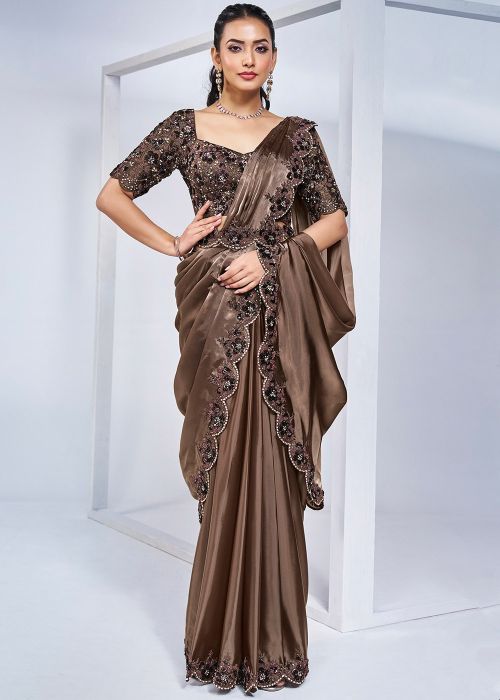 Pre-Stitched Brown Handwork Satin Saree