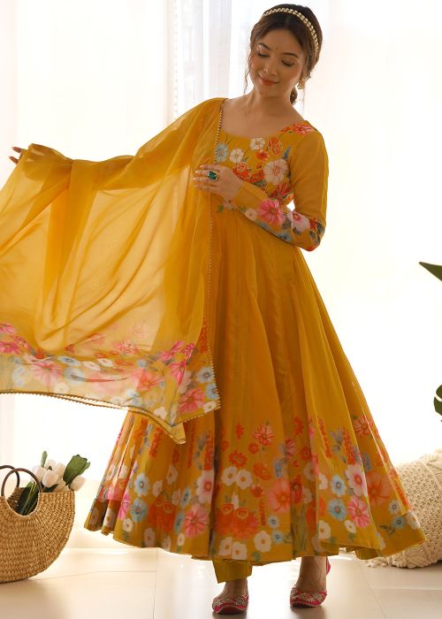 Readymade Yellow Floral Print Anarkali Suit