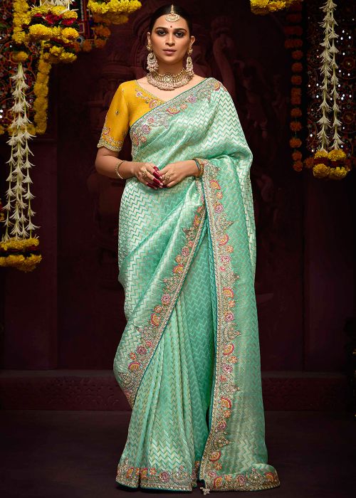 Green Embroidered Saree In Art Silk
