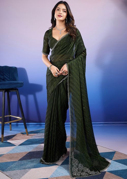 Green Chiffon Saree In Stone Work