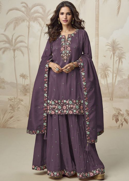 Purple Embroidered Sharara Suit Set In Shimmer