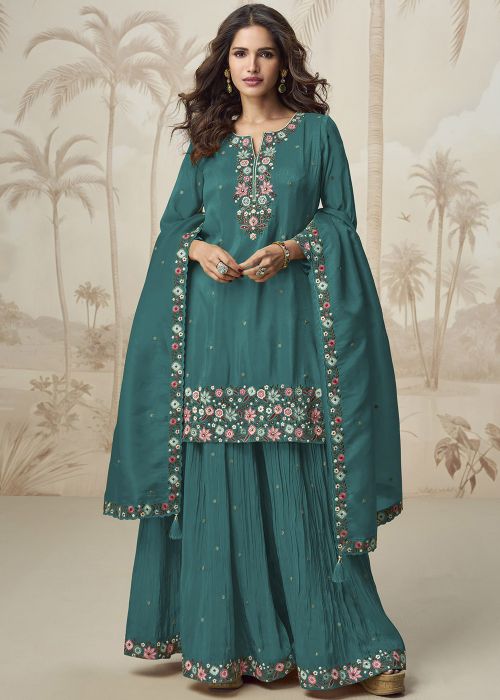 Blue Embroidered Sharara Salwar Suit Set