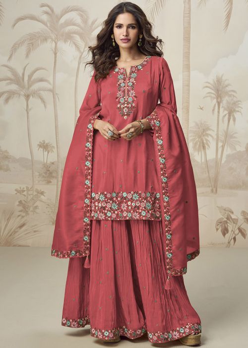 Pink Embroidered Salwar Sut Set In Shimmer