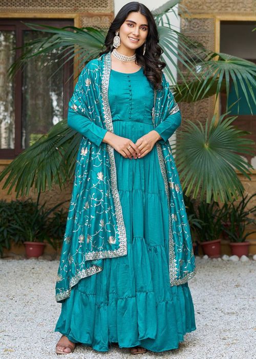 Readymade Blue Embroidered Anarkali Suit Set
