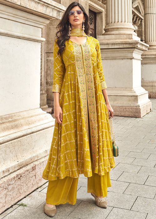 Yellow Embroidered Slitted Palazzo Suit