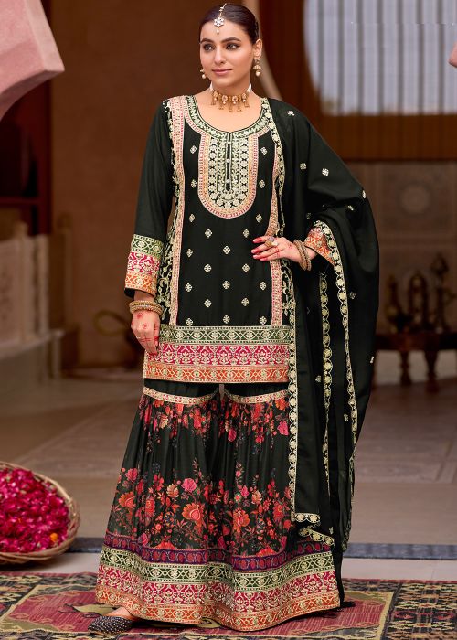Black Embroidered Gharara Suit Set