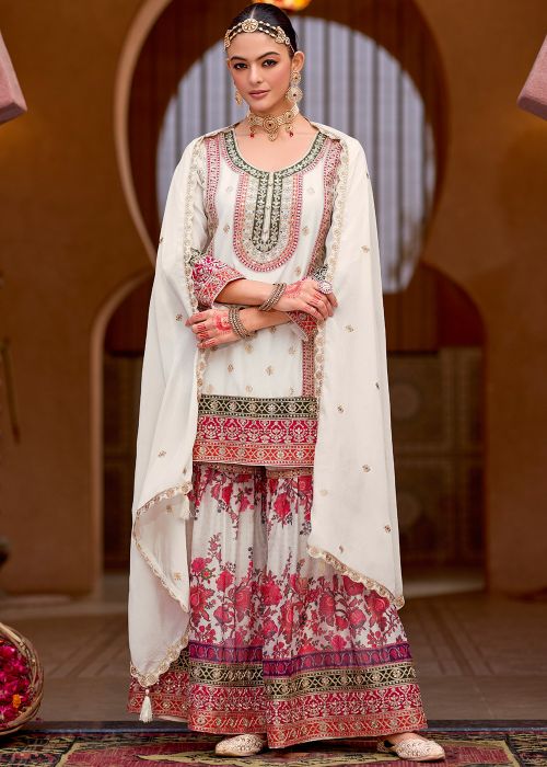 White Embroidered Salwar Suit Set In Chiffon