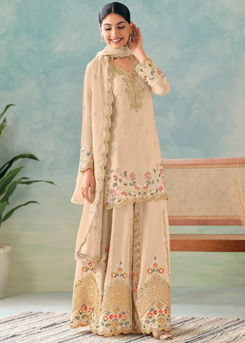 Readymade Cream Embroidered Sharara Suit