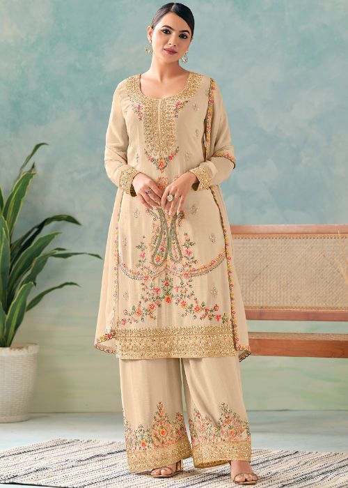 Full Sleeved Cream Embroidered Palazzo Suit