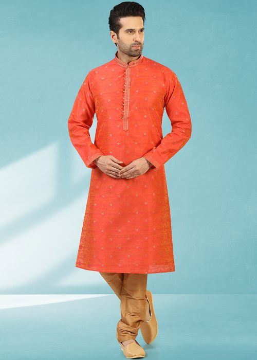 Orange Woven Readymade Kurta With Churidar