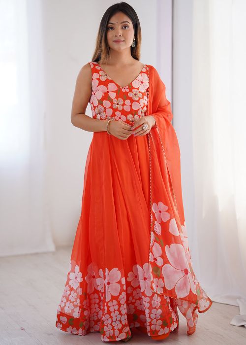 anarkali dress orange Cbazaar Women's Anarkali Suit | Vibrant Orange Rayon Gota Embossed Anarkali Suit With Stylish Dupatta | Orange | Classic Style | Eid