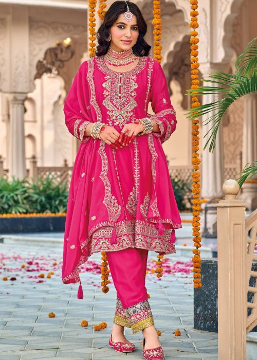 Pink Embroidered Salwar Suit Set In Chiffon