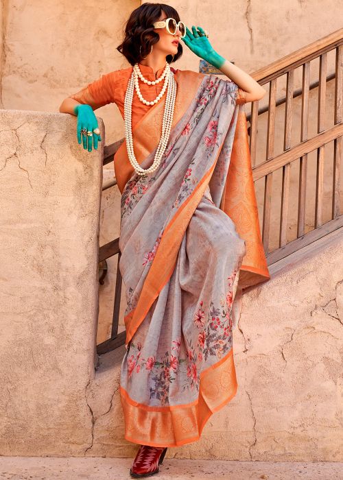 Grey Digital Printed Saree In Georgette