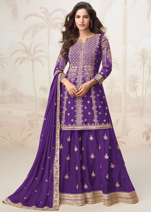 Purple Embroidered Quarter Sleeves Sharara Suit