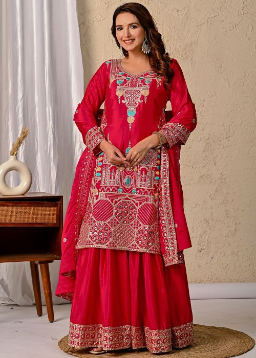 Readymade Red Chiffon Embroidered Sharara Suit