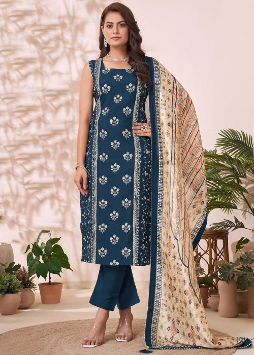 Blue Printed Salwar Suit Set In Silk