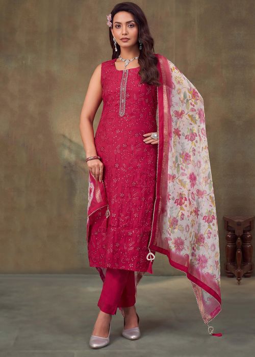 Pink Embroidered Silk Salwar Suit Set