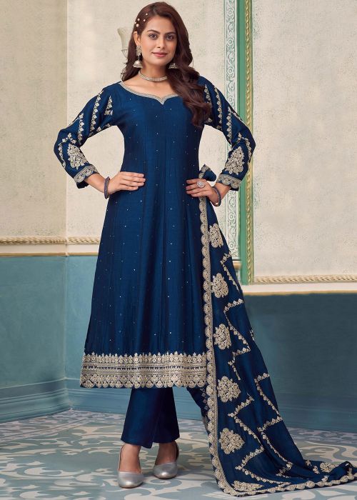 Blue Embroidered Salwar Suit Set In Silk