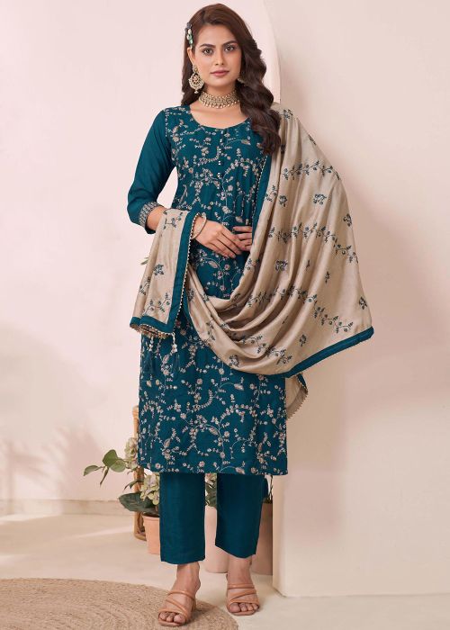 Blue Embroidered Salwar Suit Set In Silk