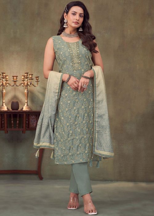 Grey Embbroidered Silk Salwar Suit Set