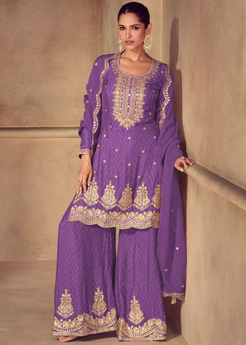 Purple Embroidered Salwar Suit Set In Chiffon