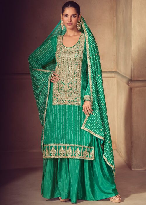 Green Embroidered Salwar Suit Set In Chiffon