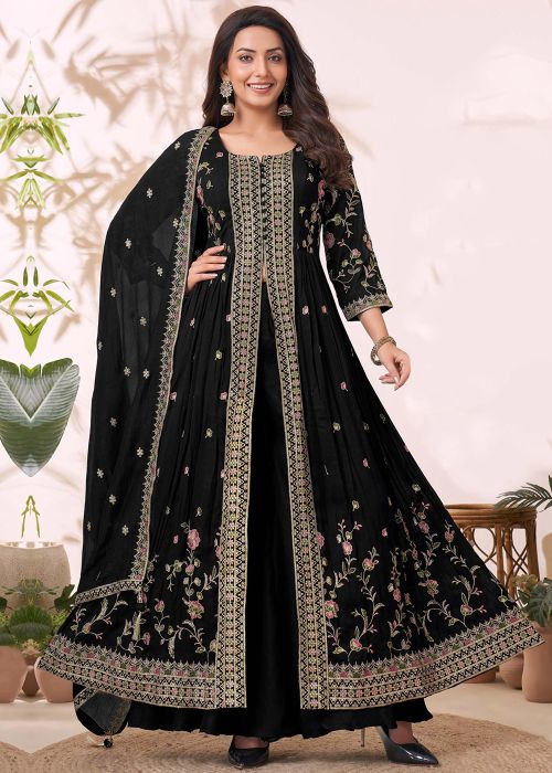 Readymade Black Embroidered Slitted Suit Set